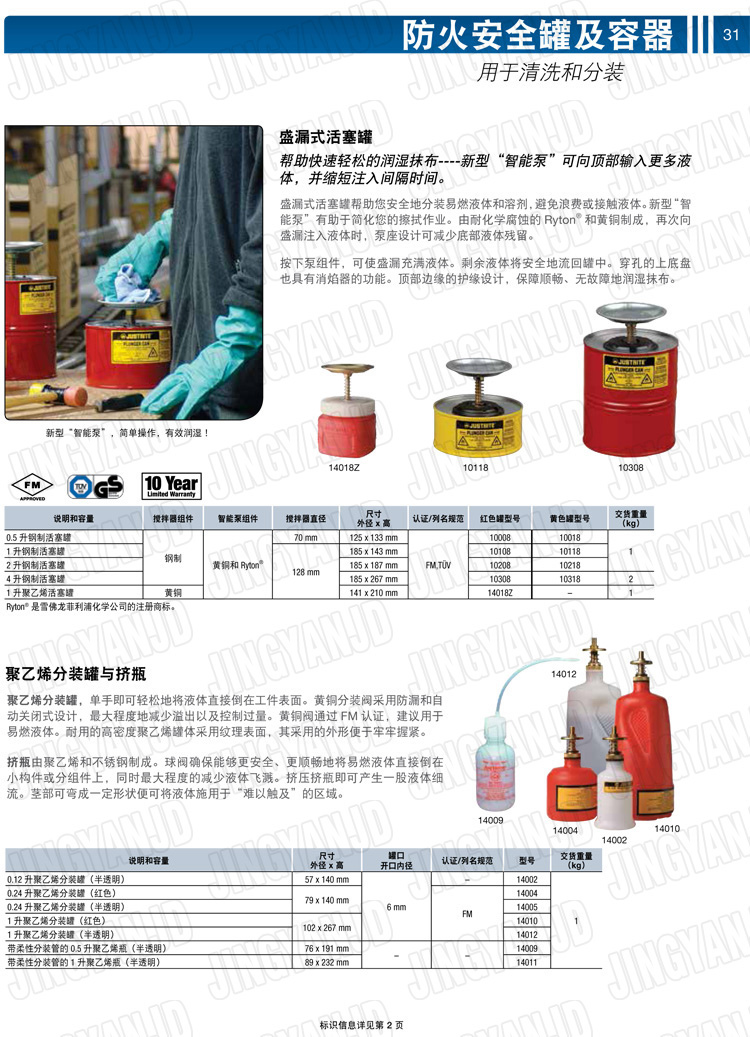 美國杰斯瑞特，JUSTRITE，活塞安全罐，盛漏式活塞罐，化學(xué)品分裝罐，